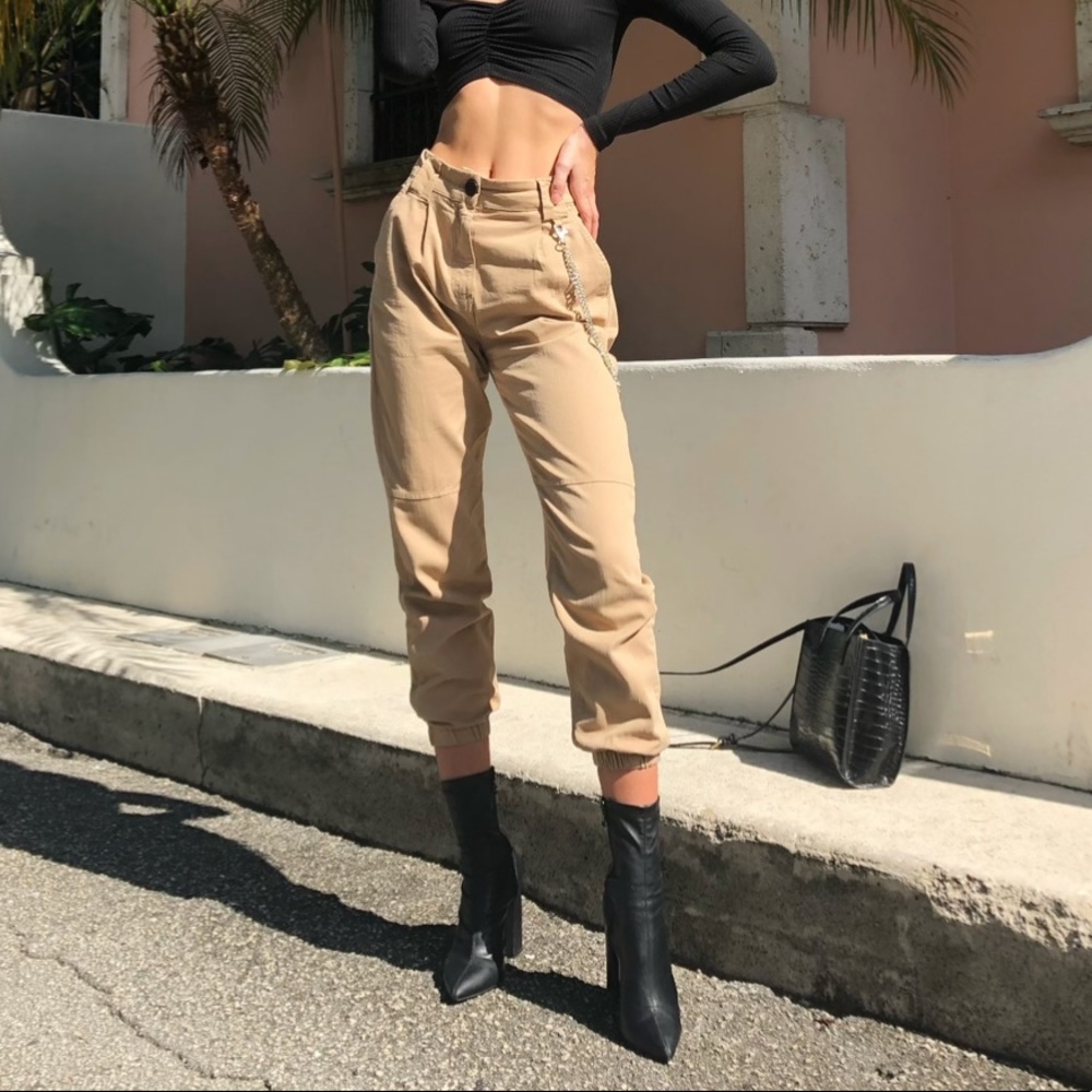 Bershka Khaki/Tan Cargo Pants with chain